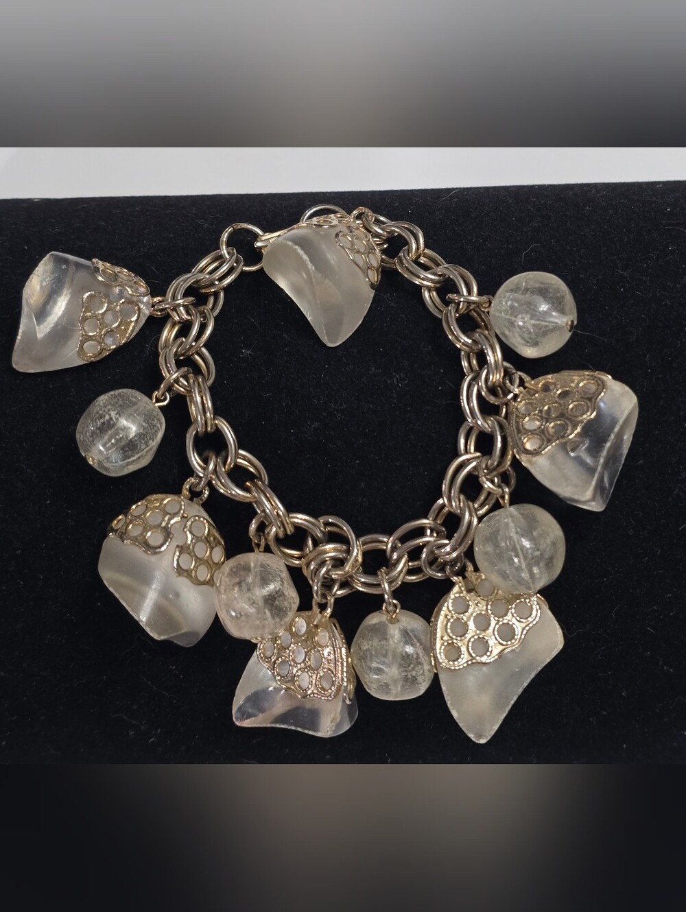 Vintage Clear Lucite Charm Bracelet with Silver-Tone Filigree Accents